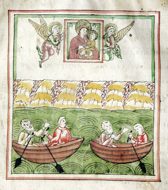 «Явление иконы Богоматери рыбакам на озере», миниатюра из «Сказания об иконе Богоматери Одигитрии Тихвинской»