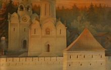Картина «Троице-Сергиев монастырь в XVI в. Вид с запада» на экспозиции «Троице-Сергиева Лавра: архитектурный ансамбль, страницы истории XIV-XVIII вв.»